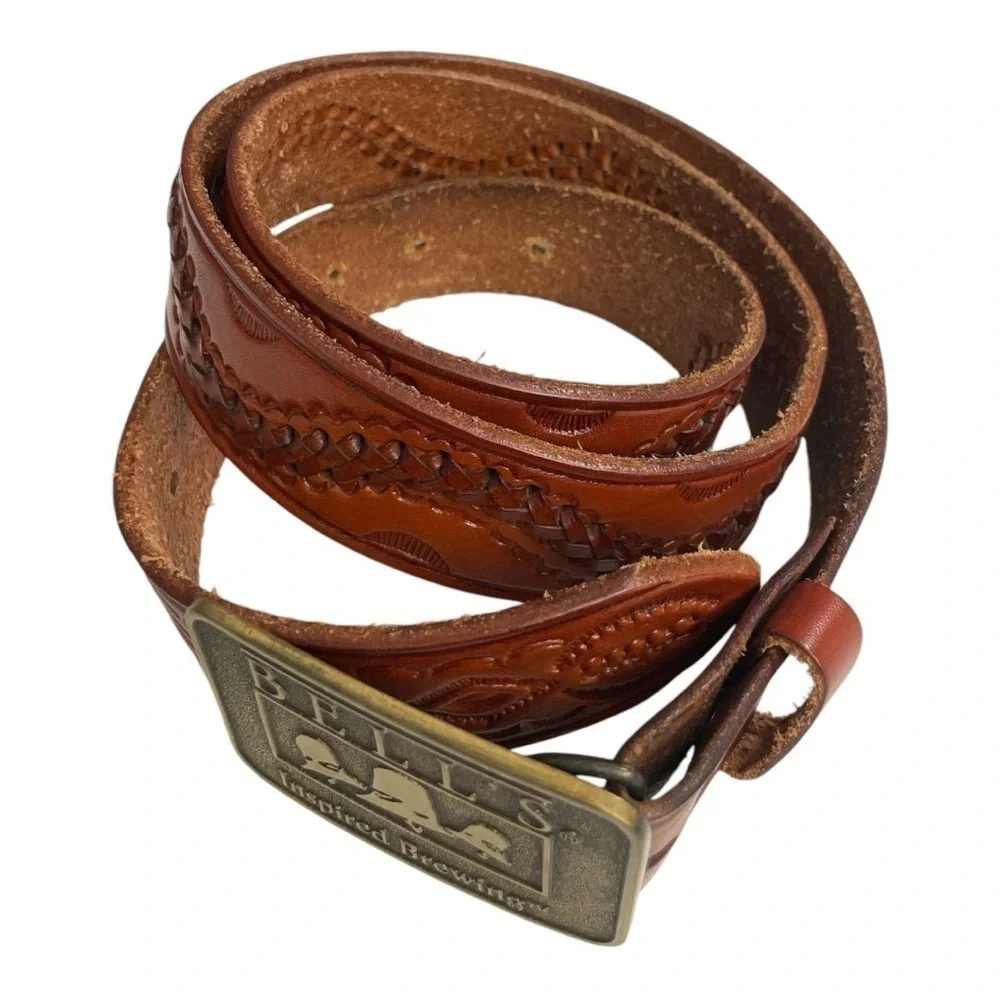 Vintage tan leather braided stitched belt with thick Gold tone belt buckle 44